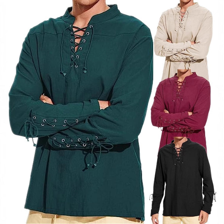 Men's linen shirt with original lacing design and casual stand-up collar Lisslune