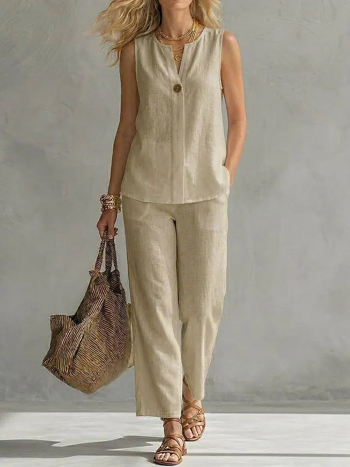 Women's Casual Two-Piece Set with Sleeveless Blouse and Trendy Pants Lisslune