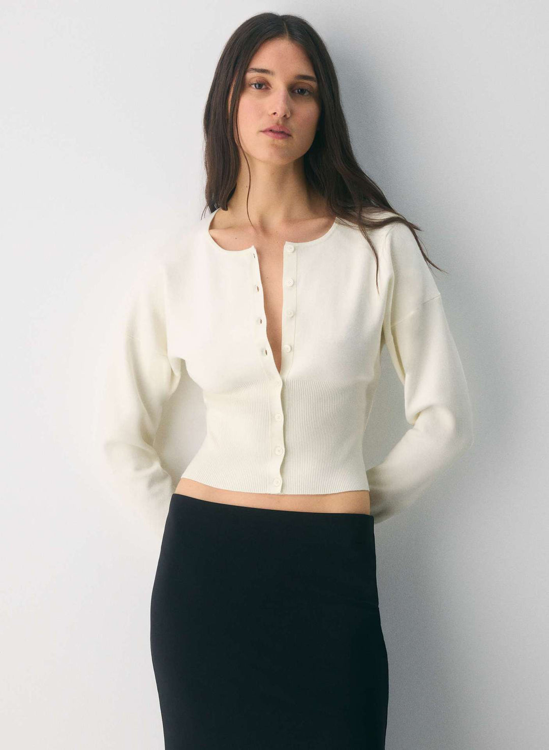 Women's Cropped Cardigan with Button Placket and Ribbed Knit Lisslune