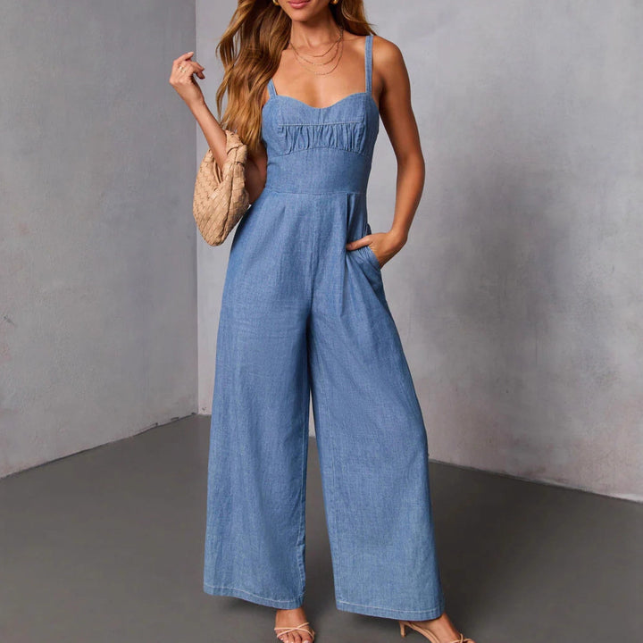 Women's casual denim jumpsuit with elegant bustier top and wide leg