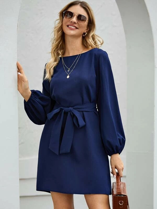 Damen Elegantes Kleid mit Ballonärmeln und Taillengürtel Lisslune