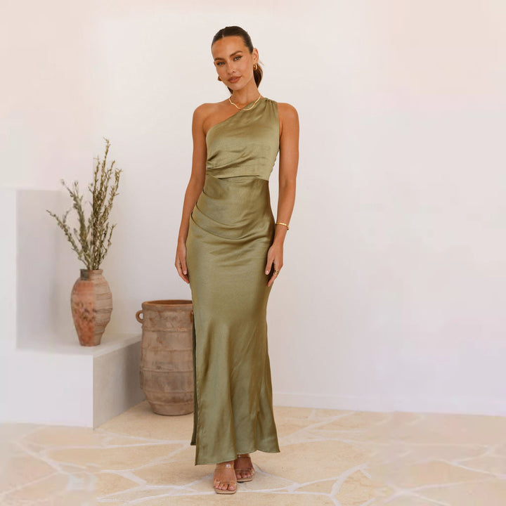 Women's Elegant Wrap Dress with Asymmetric Cut and Flowing Satin Fall