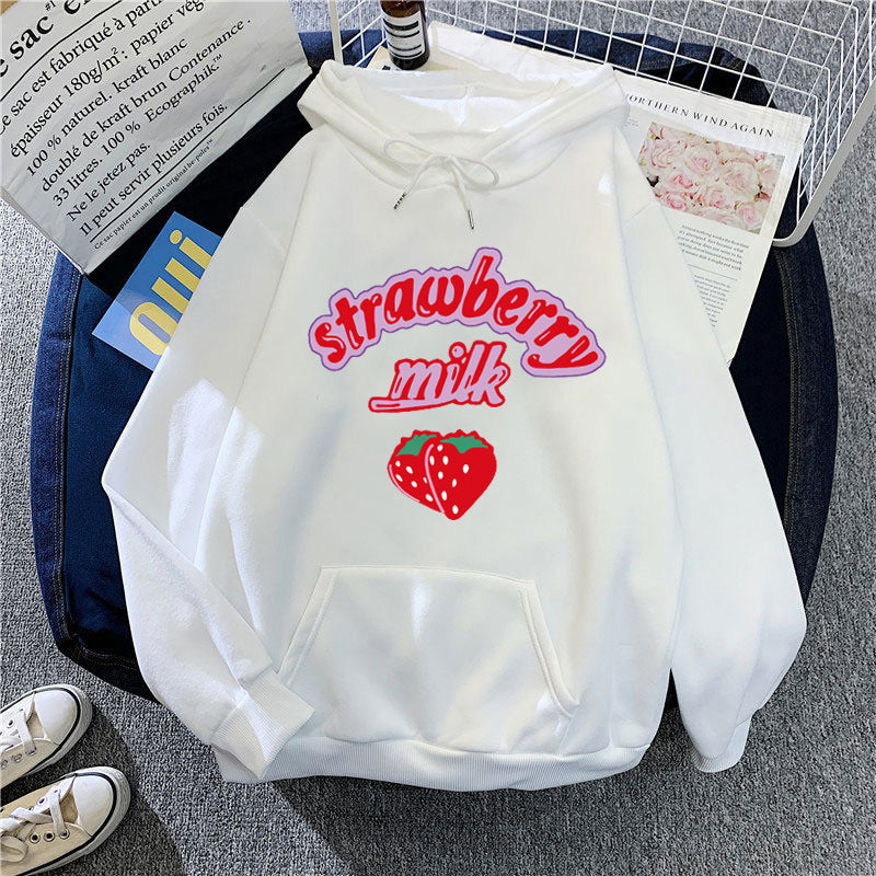 Ladies hooded sweatshirt with cheerful strawberry milk design Lisslune