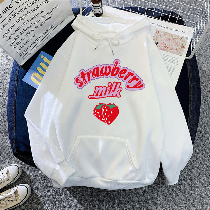 Ladies hooded sweatshirt with cheerful strawberry milk design Lisslune