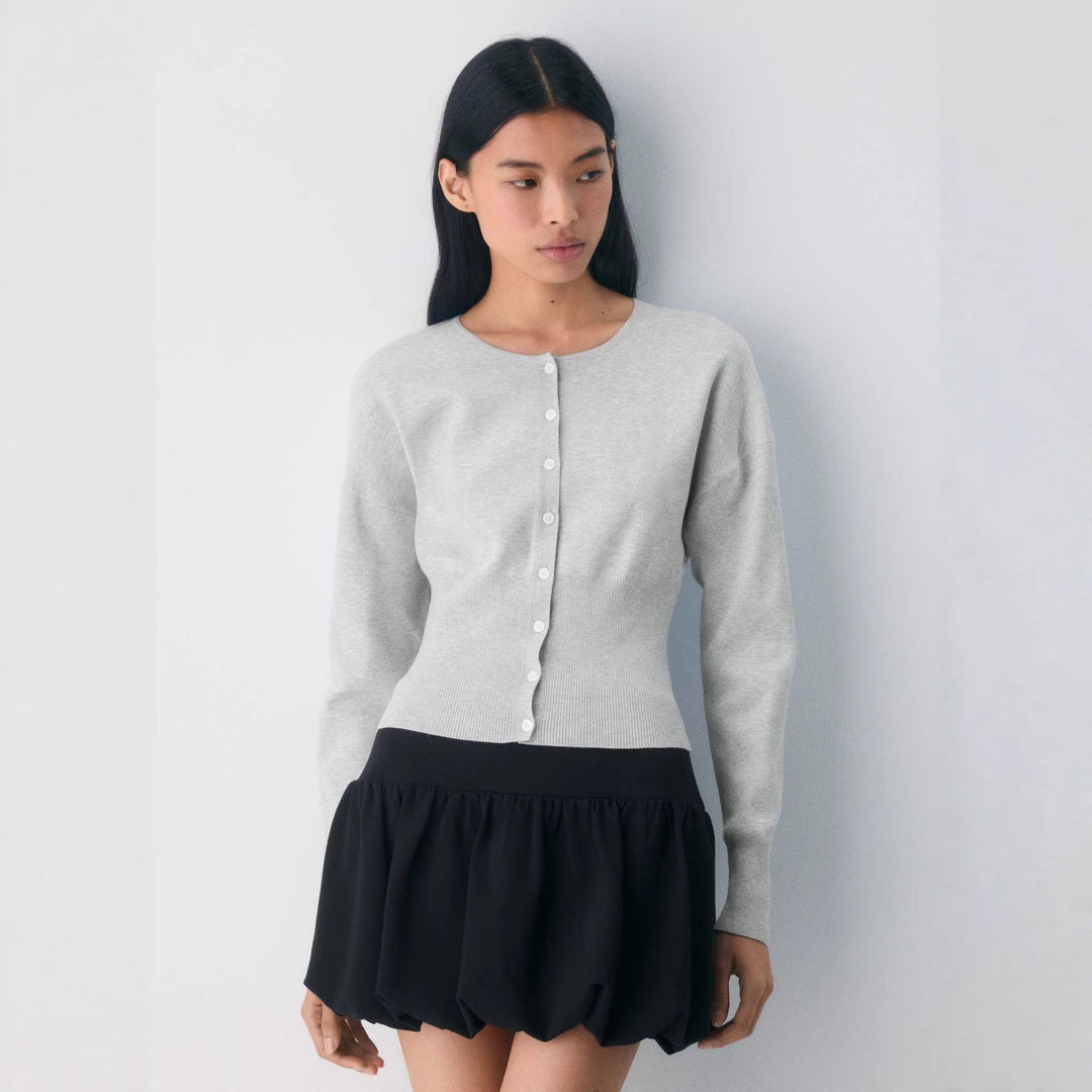 Women's Cropped Cardigan with Button Placket and Ribbed Knit Lisslune