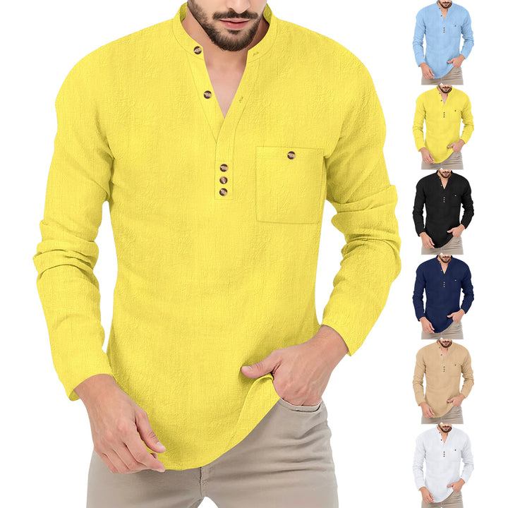 Men's Casual Long Sleeve Shirt with Button Placket and Chest Pocket Lisslune