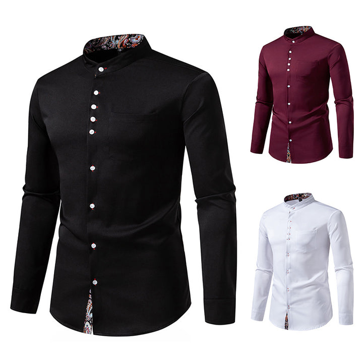 Men's Long Sleeve Shirt with Modern Stand-Up Collar and Paisley Pattern Lisslune