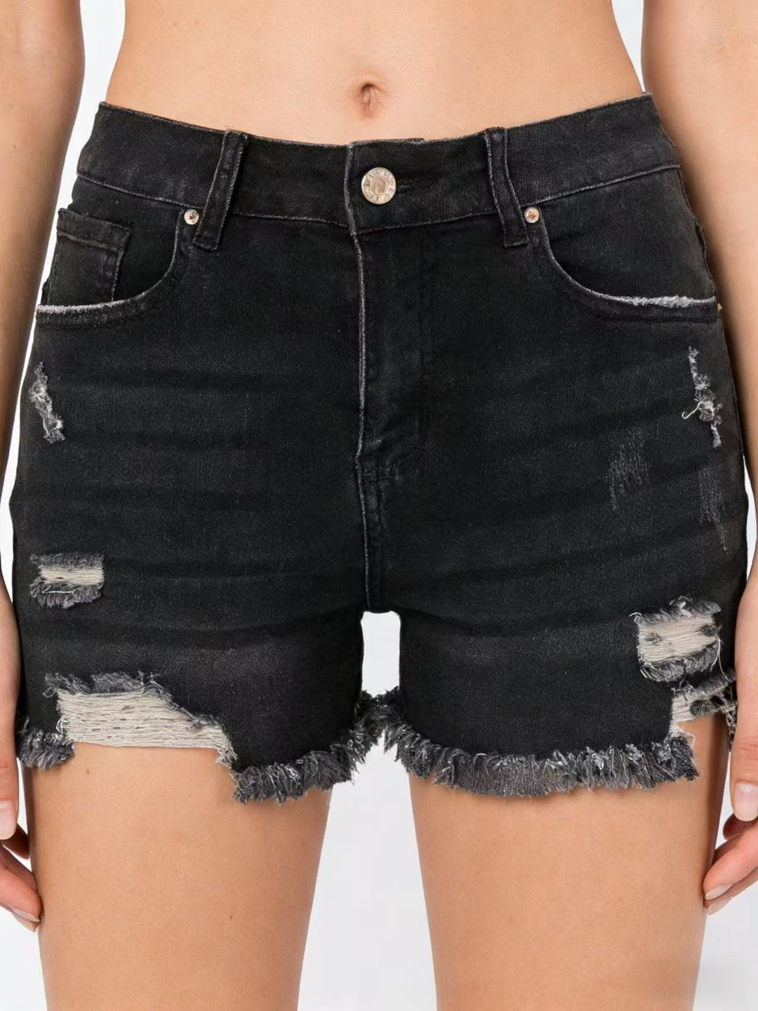Women's destroyed denim shorts with frayed hem and stylish ripped details Lisslune