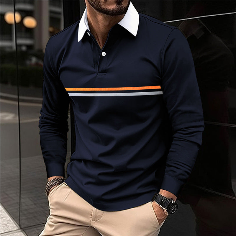 Men's Long Sleeve Polo Shirt with Modern Stripe Pattern Lisslune