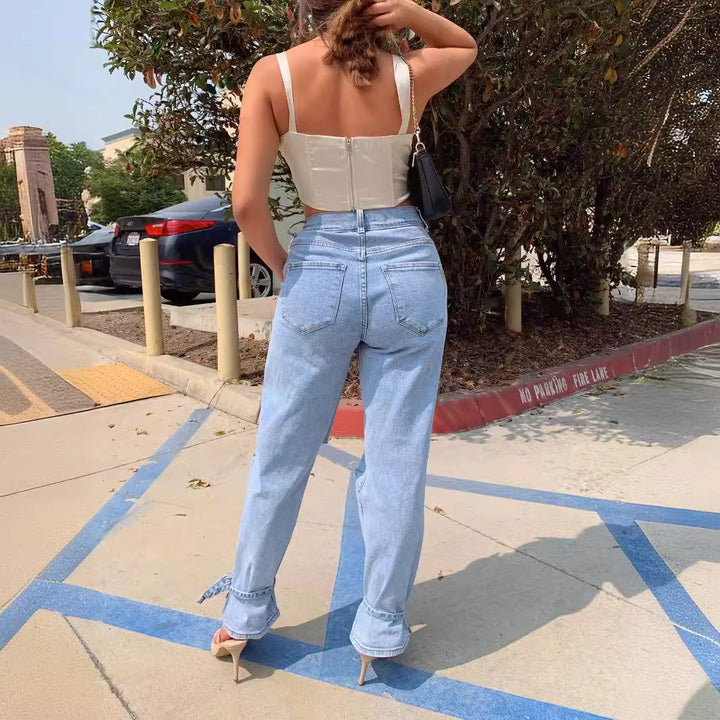 Casual women's mom jeans with trendy destroyed look Lisslune