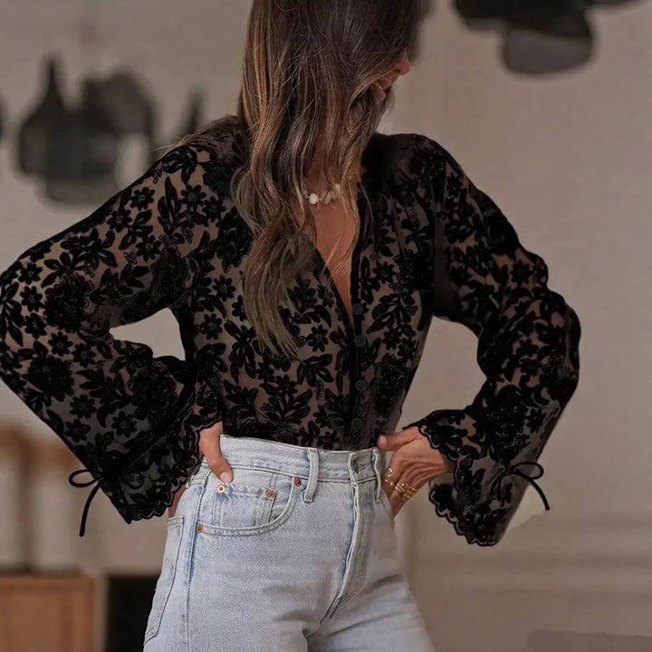 Women's transparent blouse with floral embroidery and wide sleeves Lisslune