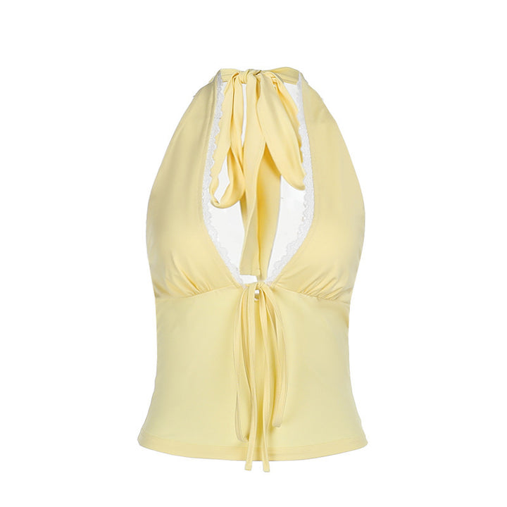 Women's crop top with embellished V-neckline and tie strap