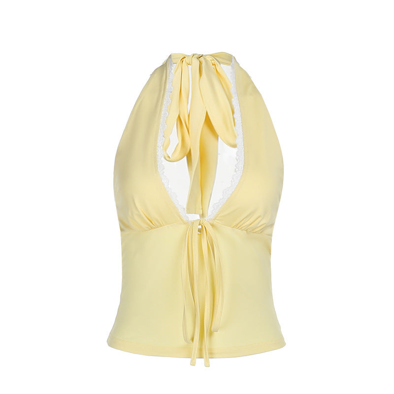 Women’s tank top with playful drawstring and fine lace edge
