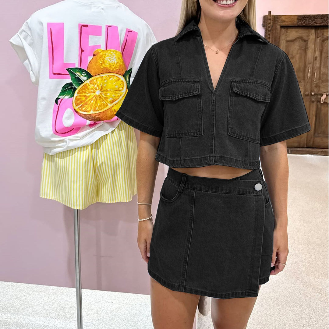Women's Fashion Denim Crop Top and Skirt Set Lisslune
