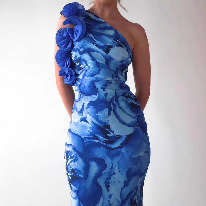 Women's Elegant Evening Dress with Asymmetrical Ruffle Design and Slim Cut