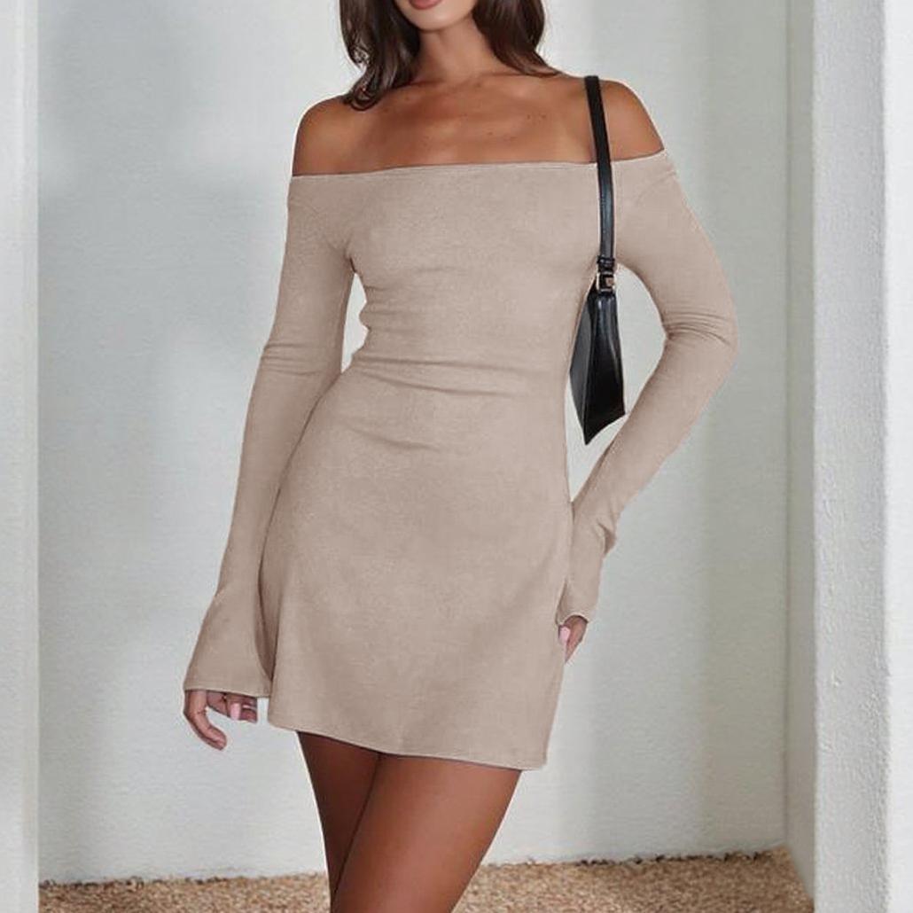 Women Off-Shoulder Mini Dress with Long Sleeves and Figure-Hugging Cut Lune London