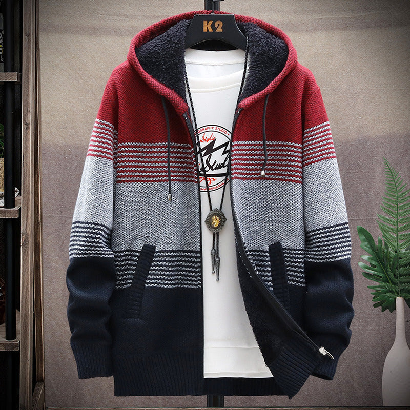 Men's sporty hoodie with warm lining and fashionable stripe pattern Lisslune