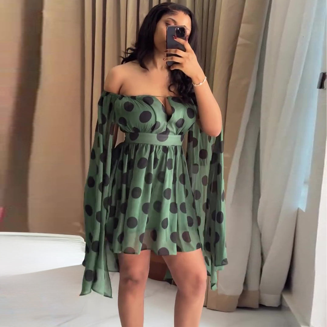 Ladies mini dress with exciting off-shoulder design and wide-cut sleeves Lisslune