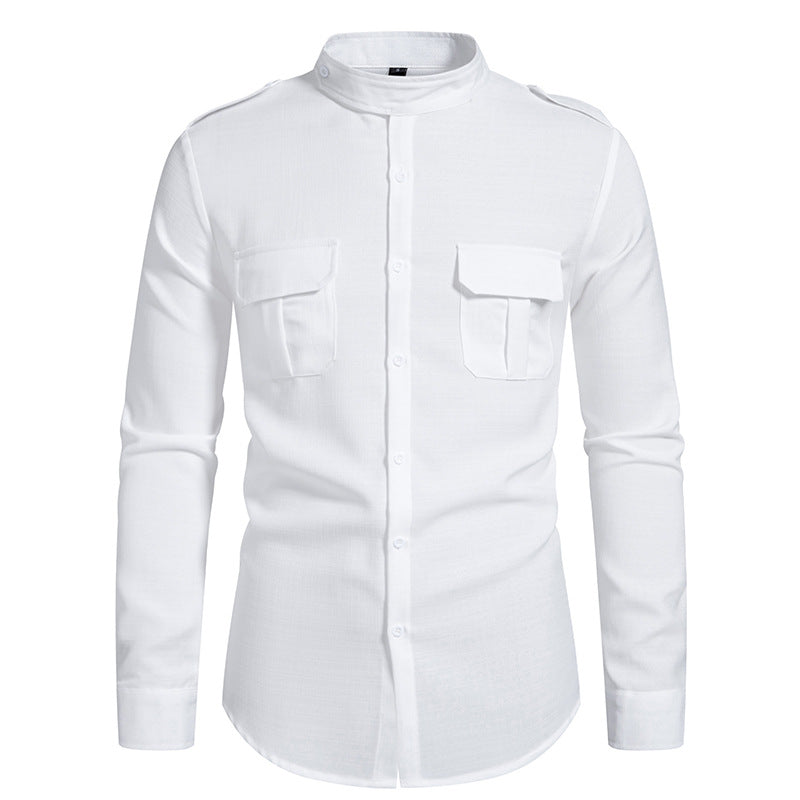 Men's long sleeve shirt with elegant breast pockets and modern stand-up collar Lisslune
