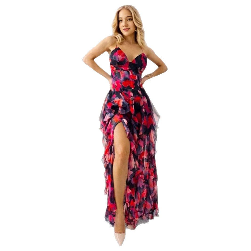 Ladies Flowing Chiffon Maxi Dress with Ruffle Details and Floral Accents Lisslune