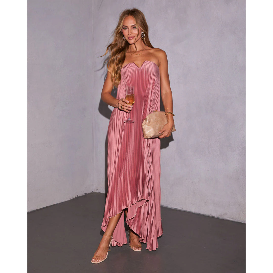 Women's maxi dress with pleated bodice and elegant V-neck Lune London