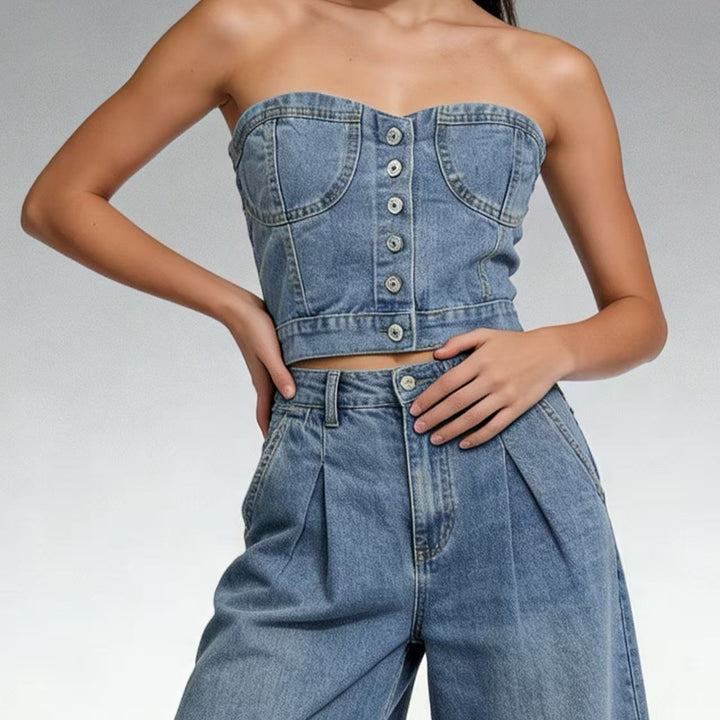 Women Denim Bustier Top with Button Details and Tailored Cut Lisslune