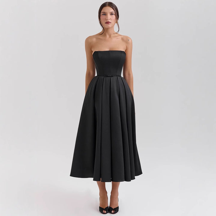 Women’s Waist-Reducing Midi Dress with Off-Shoulder Design and Elegant Pleated Structure