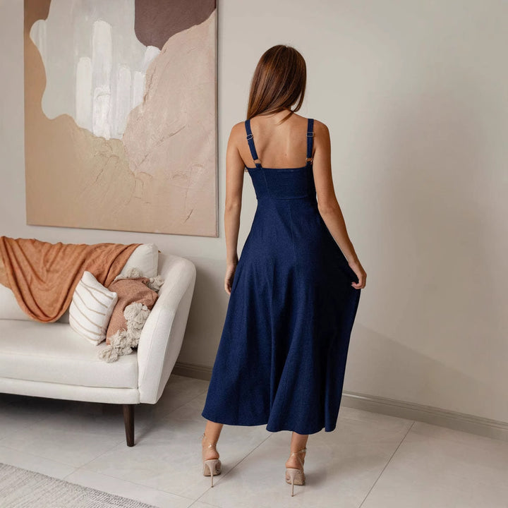 Women's maxi dress with flattering cut and decorative ruffle details
