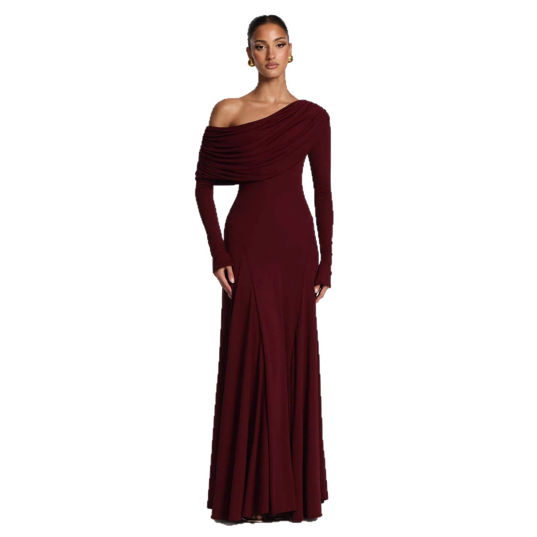 Women Elegant Long Sleeve Maxi Dress with Asymmetrical Draping Detail Lisslune