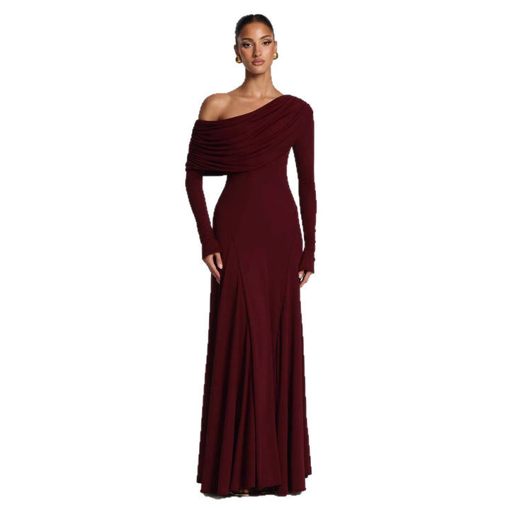 Women Elegant Long Sleeve Maxi Dress with Asymmetrical Draping Detail Lisslune