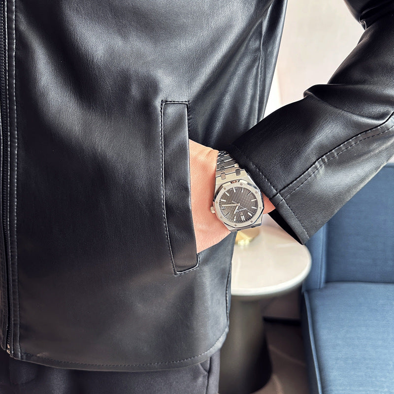 Men's fashionable synthetic leather jacket with minimalist cut and functional pockets Lisslune
