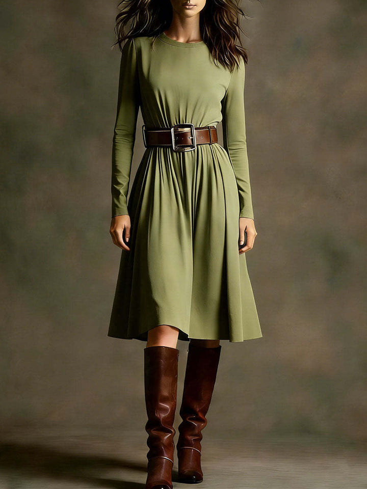 Women Elegant Dress with Long Sleeve and Waist Belt Lisslune