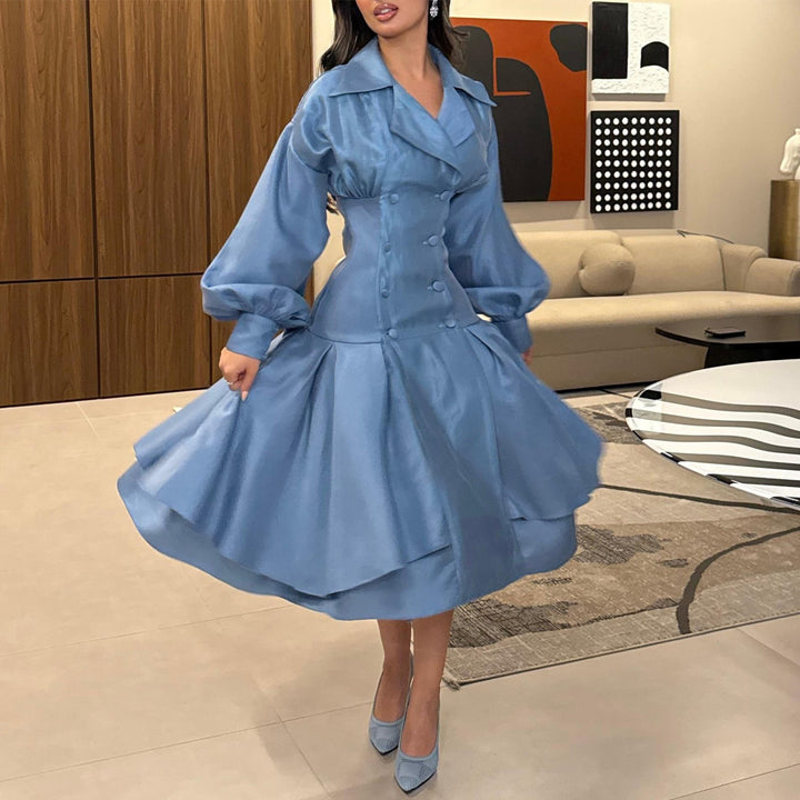 Women's vintage-inspired A-line dress with elegant puff sleeves and button placket Lisslune