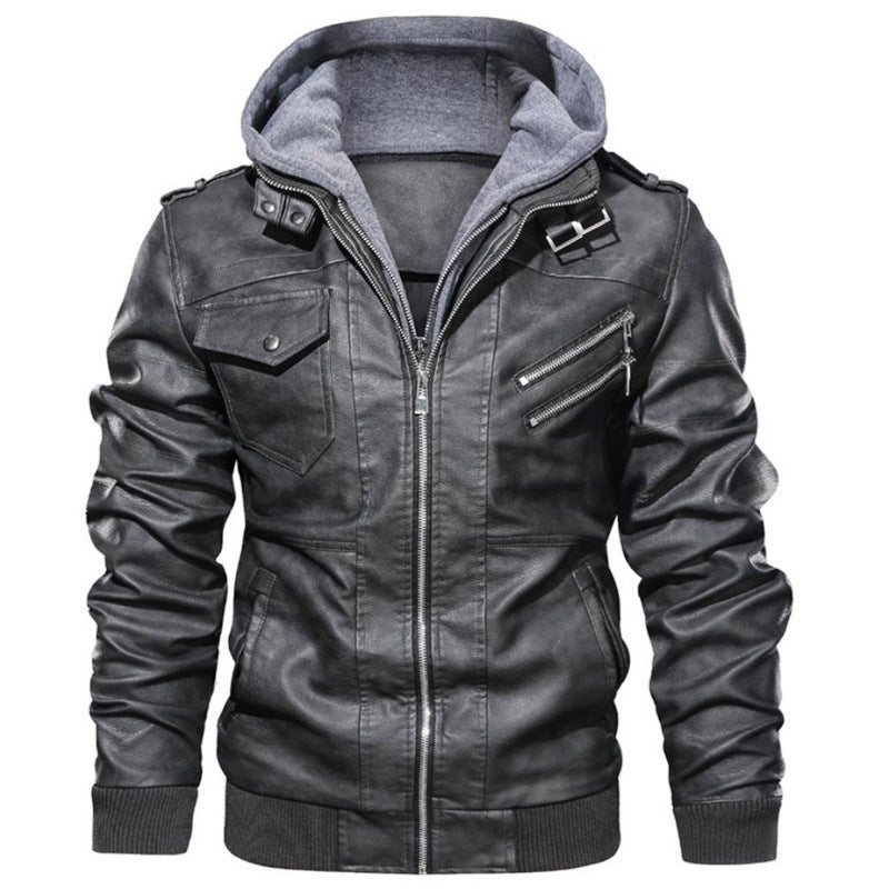 Men's Casual Synthetic Leather Jacket with Removable Hood and Numerous Pockets Lisslune