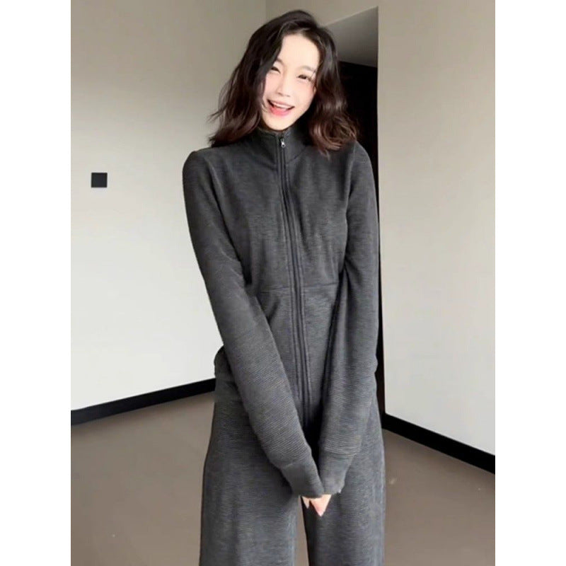 Women's Sporty Fleece Tracksuit Set with Loose Fit and High Collar Lisslune
