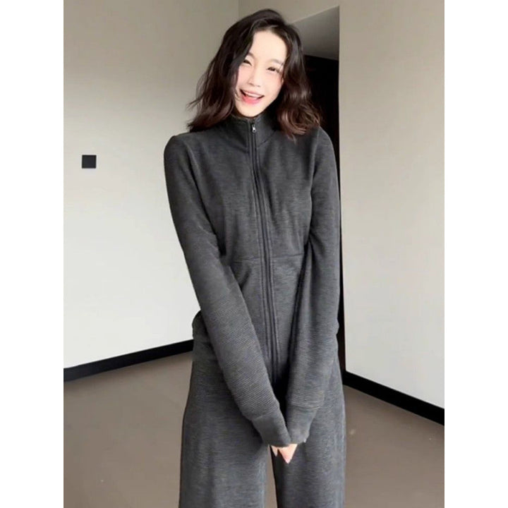 Women's Sporty Fleece Tracksuit Set with Loose Fit and High Collar Lisslune