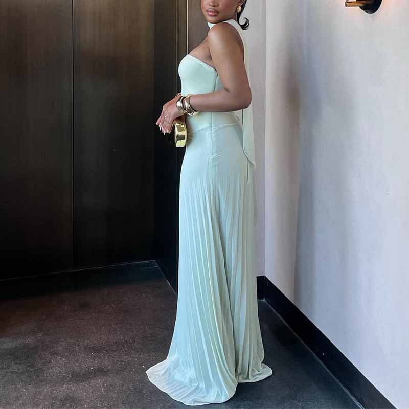 Women Pleated Maxi Dress with Elegant Shoulder Strap and Figure-Flattering Cut