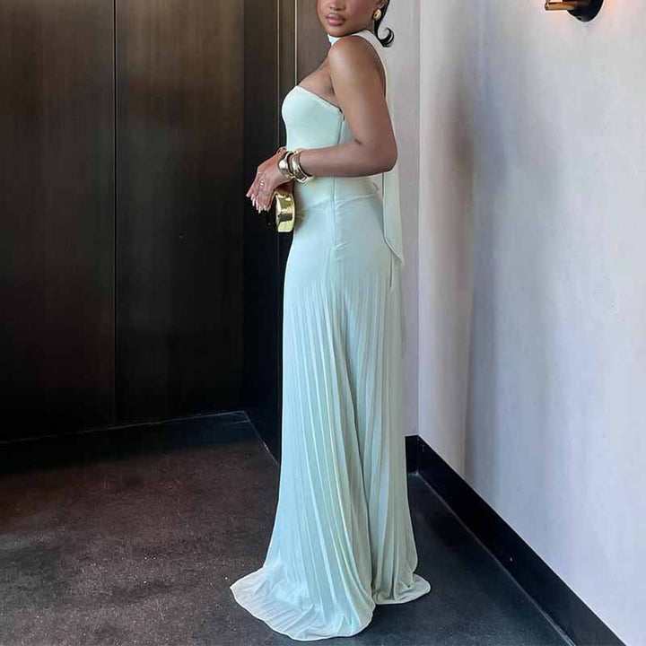 Women Pleated Maxi Dress with Elegant Shoulder Strap and Figure-Flattering Cut