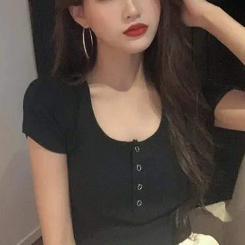 Women's Crop Top T-Shirt with Button Placket and Elastic Waistband Lisslune