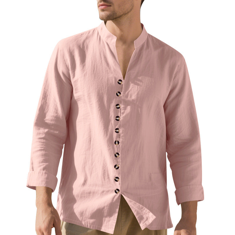 Men's casual long-sleeve shirt with elegant stand collar and chic button details Lisslune