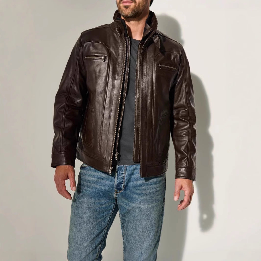 Men's casual leather jacket with modern stand-up collar and versatile pockets Lisslune