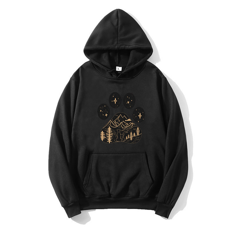 Ladies hoodie with creative paw print design and mountain landscape Lisslune