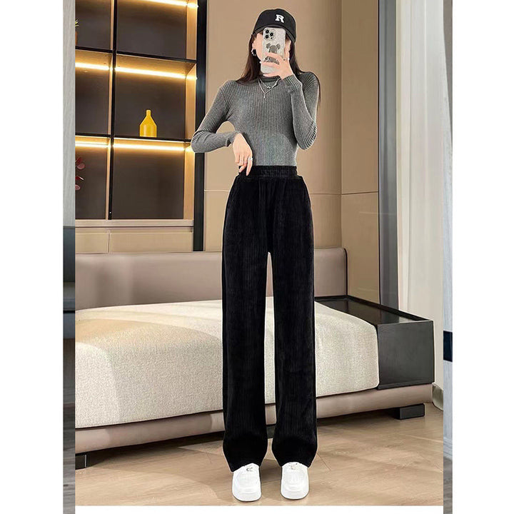 Women's high-waisted corduroy pants with wide leg and elastic waistband