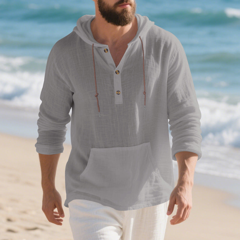 Men's casual hooded top with button placket and practical kangaroo pocket Lisslune