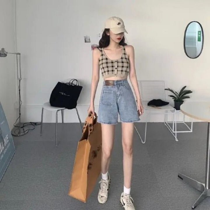 Women's Cropped Top with Check Pattern and Button Detail Lisslune
