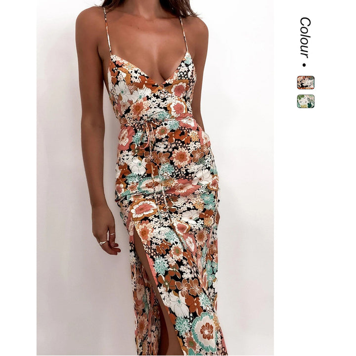 Women Chic Casual Dress with Deep Slit and Elegant V-Neck
