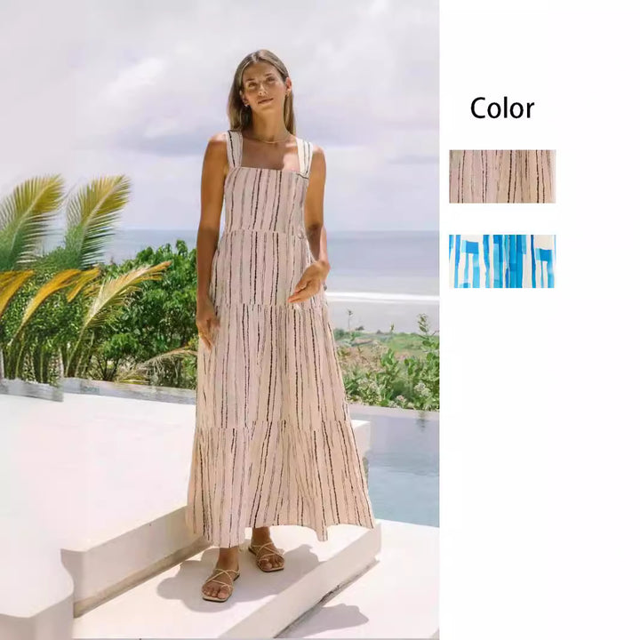 Ladies' maxi dress with adjustable straps and unique striped pattern Lune London