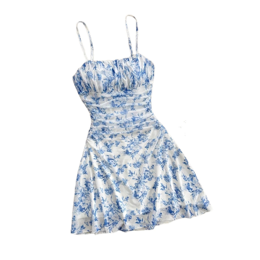 Damen Sommerliches Blumenkleid mit Spaghetti-Trägern und Raffungen Lisslune