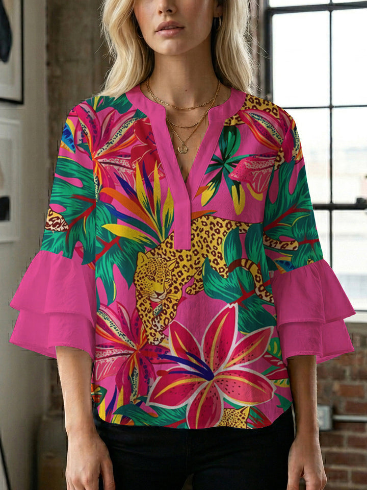 Women's casual blouse with ruffled sleeves and botanical print Lisslune