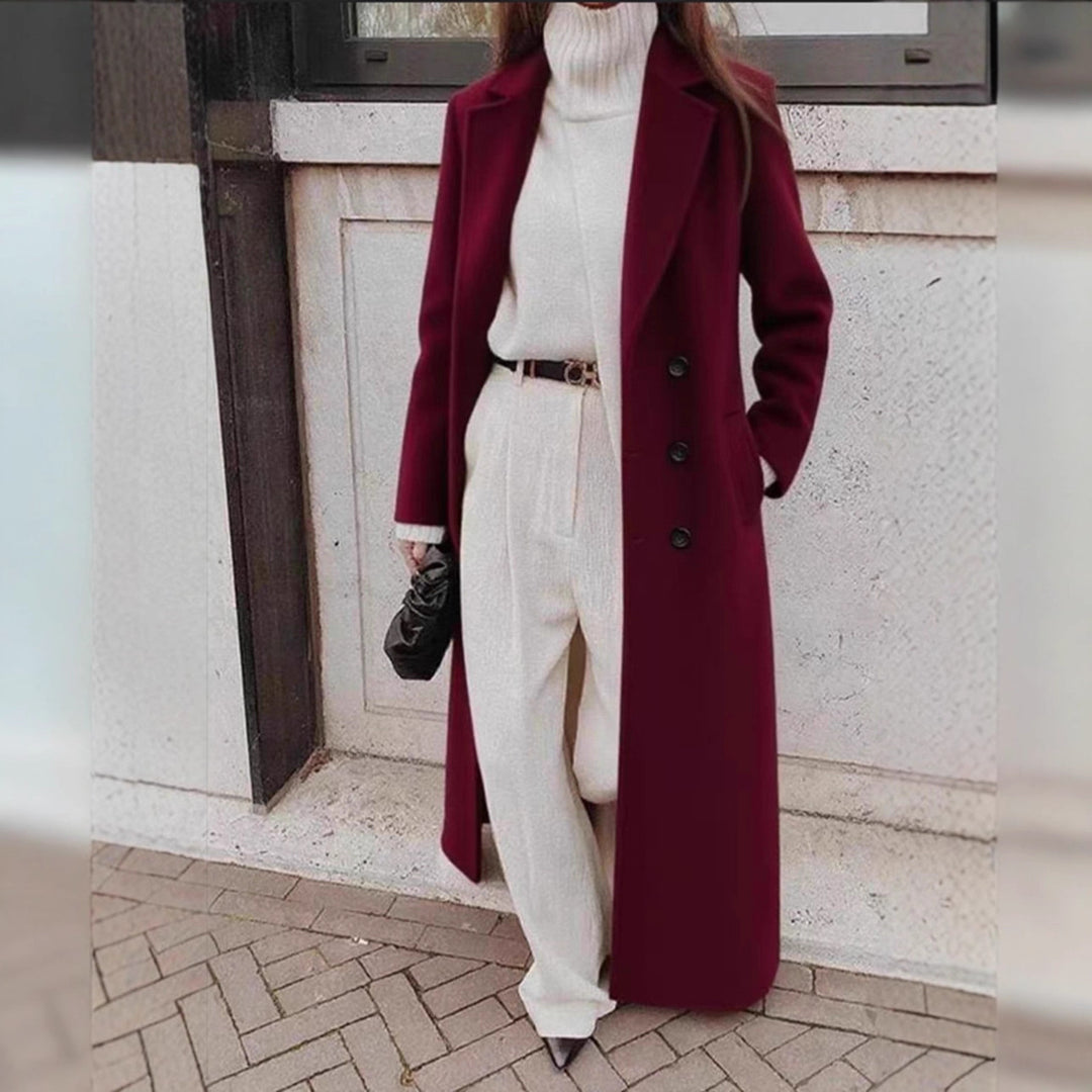 Ladies Elegant Wool Coat with Double Button Placket and Deep Pockets